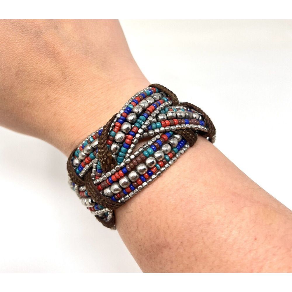 Red & Blue w Silvertone Beads Criss Cross Stretch Cuff Bracelet Boho Jewelry